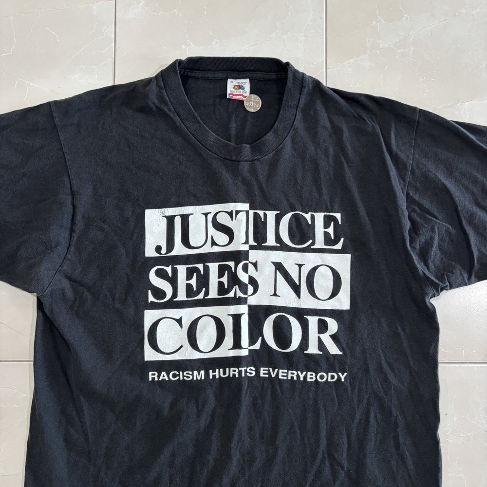 Vintage 90s Justice Sees No Color T Shirt Black Single Stitch Mens XL USA Made
